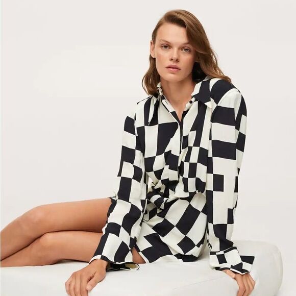 Mango Check Button Shirt Dress Black White New - Picture 7 of 10